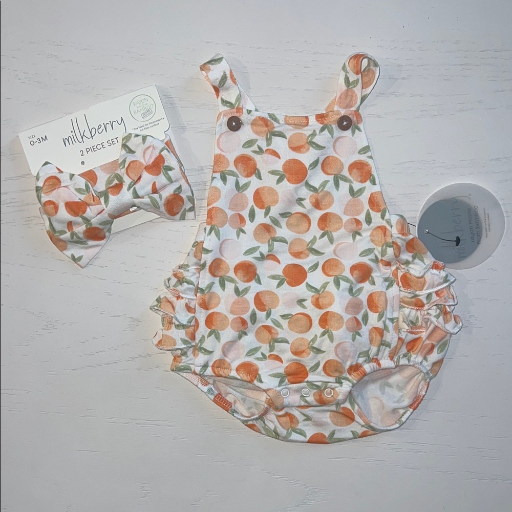 Milkberry Orange Peach Ruffle Bubble Romper Headband Set 6-9 months